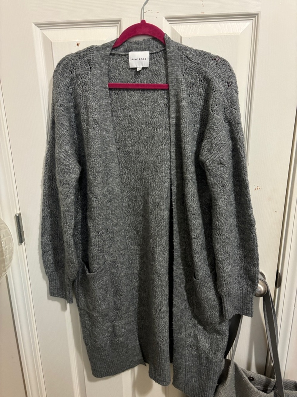 Pink Rose Gray Open-Front Knit Cardigan with Pockets